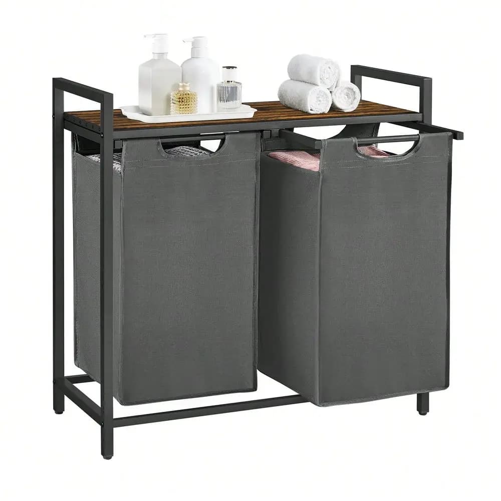 Organizzatore per Cesto Portabiancheria con 2 Sacchi Estraibili e Rimovibili, Ripiano, Telaio in Metallo, 2 x 12,1 Galloni