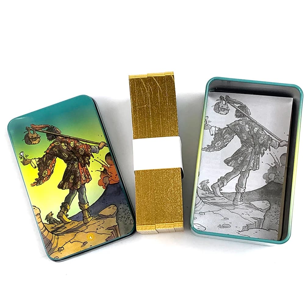 Mazzo di carte dei tarocchi posteriori in edizione dorata con scatola di metallo con guida di carta Gioco da tavolo di divinazione classica Regalo di Halloween e Natale
