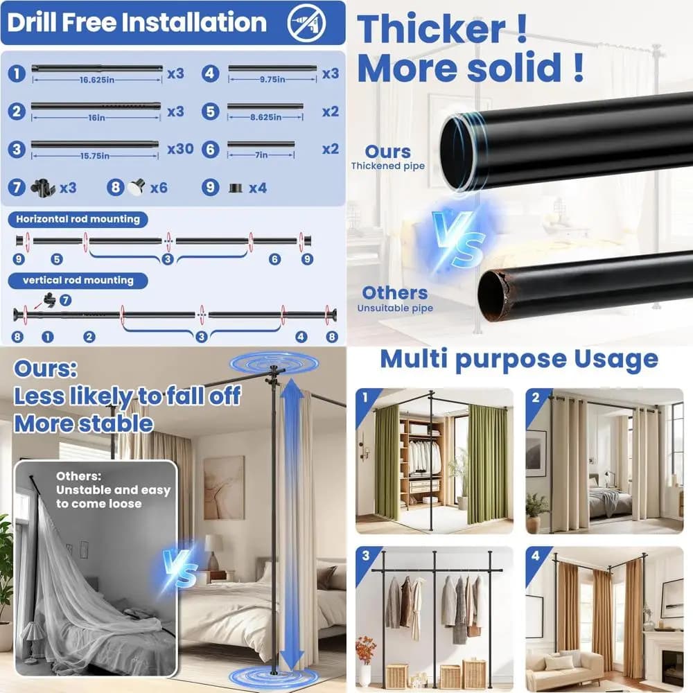 Adjustable and durable tension curtain rod for partition, 43-120 A x 35-200 W, black