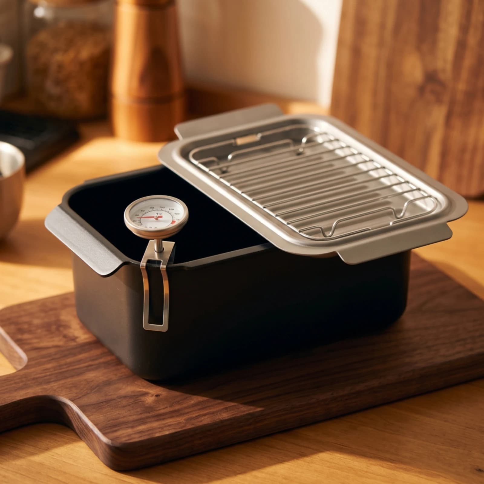 Rectangular Frying Pot Even Heating Deep Fryer Pot with Thermometer Tempura Fryer with Lid Rack Easy to Clean Cookware Safe