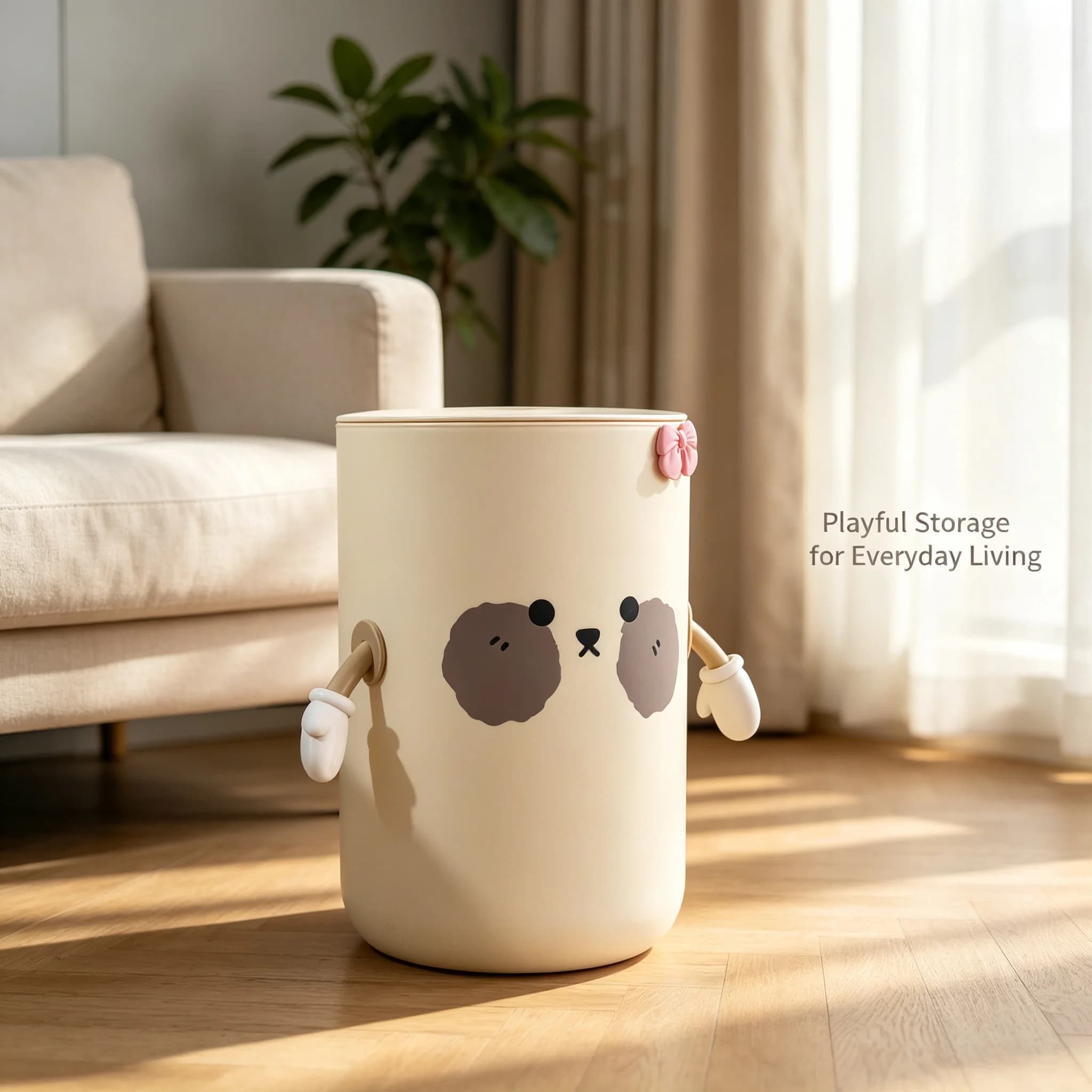 Press Lid Cute Bear Trash Can, Odor‑Blocking Lidded Plastic Waste Bin, Decorative Garbage Can for Home Bedroom Kitchen Playroom, Cute Gift Idea