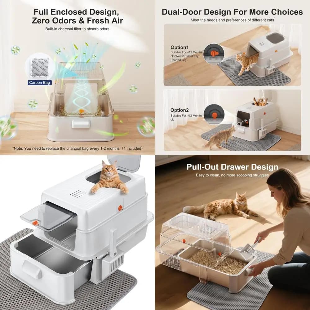 Lettiera per Gatti in Metallo Extra Large Chiusa con Coperchio, Bordi Alti, Paletta e Tappetino, Controllo Odori, Interno Antiaderente