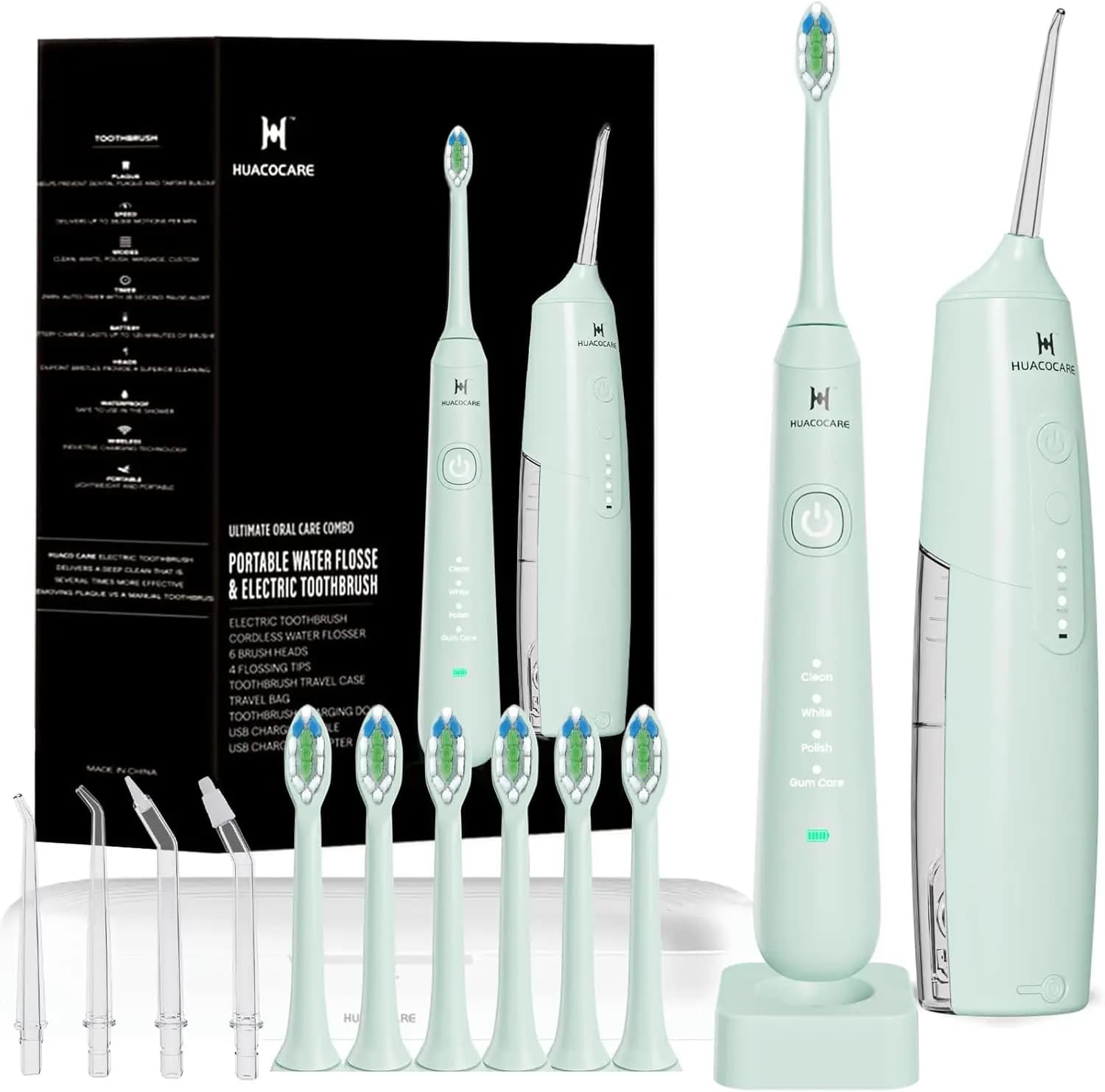 Combo Idropulsore e Spazzolino Elettrico per la Pulizia dei Denti e la Salute delle Gengive in Verde Chiaro