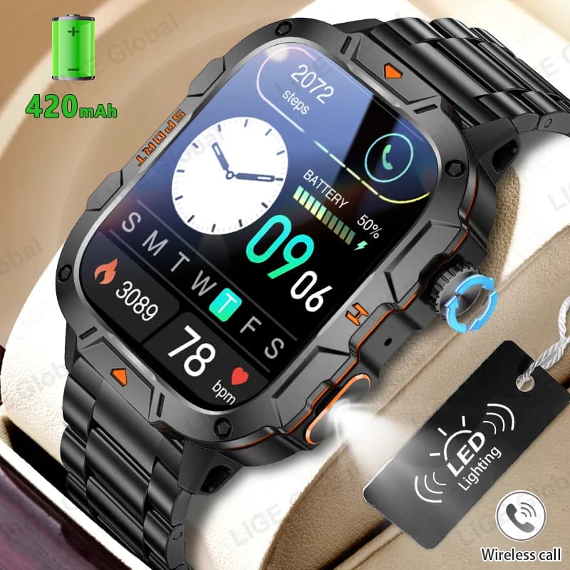 LIGE Smartwatch Militare Robusto da Uomo con Torcia LED, Sport all'Aperto, Impermeabile IP68, Chiamata Bluetooth con Assistente Vocale, Display 1.96" - Modello 2026