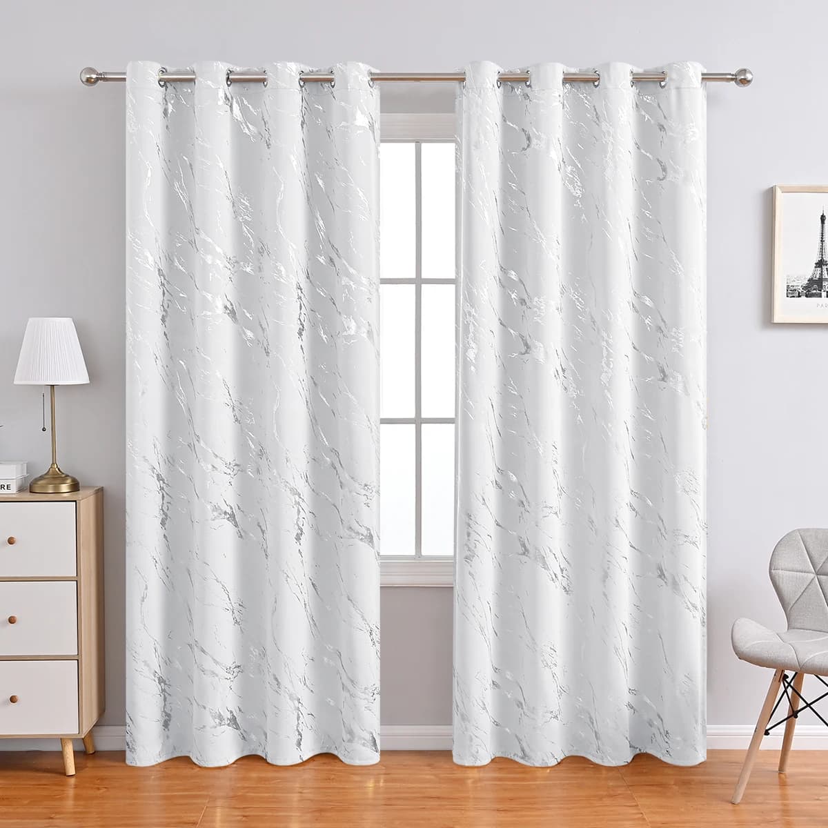 1pc Luxury Marble Printed Curtain with Silver Stamping, One Panel High-Precision Curtain, Curtains for Living Room, Bedroom