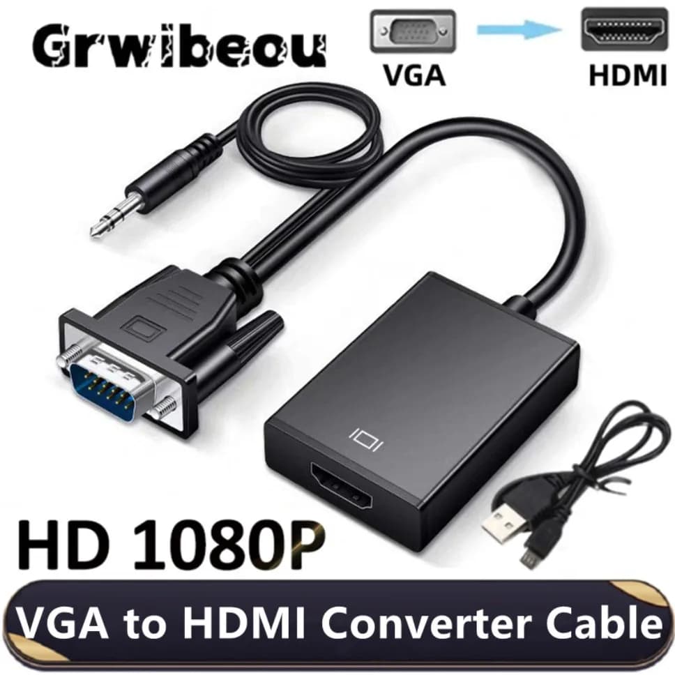 VGA adapter cable to HDMI HD 1080P with 3.5 mm audio output + VGA converter to HDMI powered via USB for portable HDTV projector PC