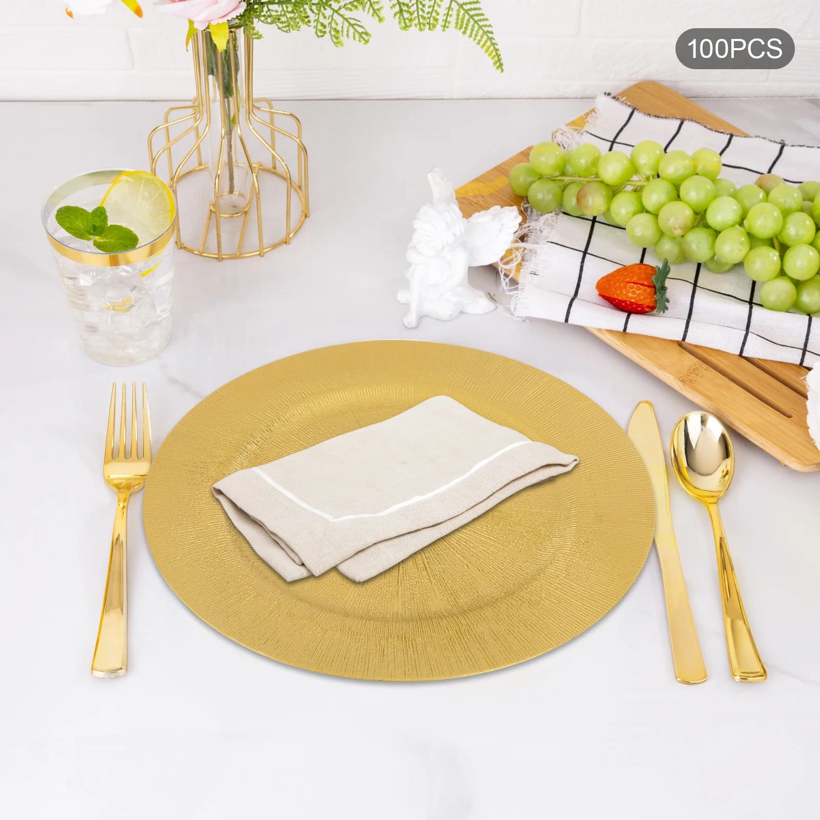 100 Plates Round Charger Gold Plates Spraying Paint Set 33cm for Birthday Parties,Holidays