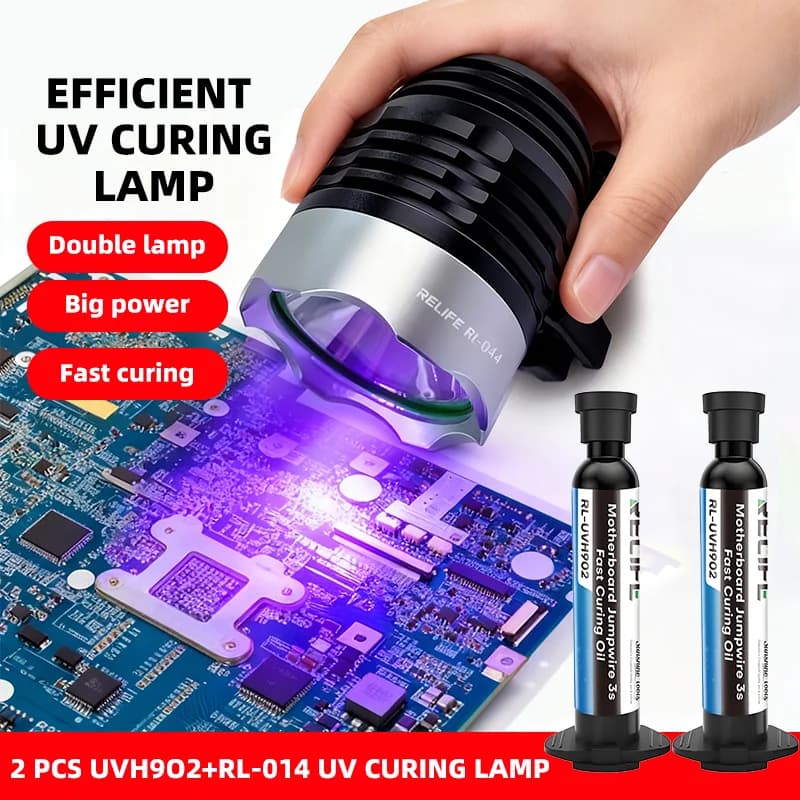 2PCS RELIFE RL-UVH902 10ML Maschera per saldatura UV Inchiostro 3S Ad asciugatura rapida + RL-014 Luce polimerizzante UV per la riparazione del telefono cellulare Filo da salto