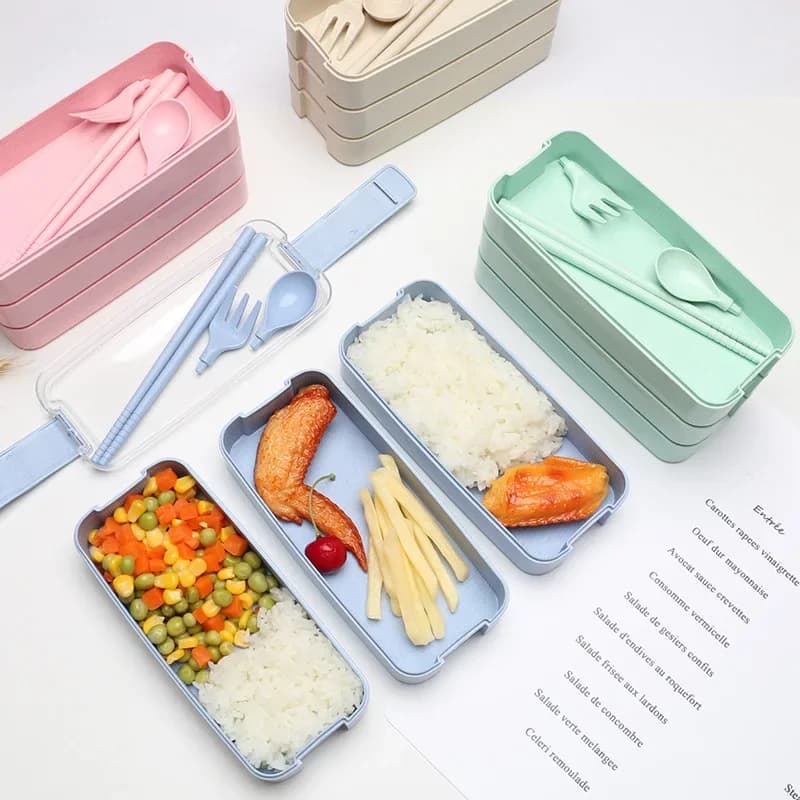 Bento Box da 900 ml a 3 strati Scatola da pranzo ecologica Contenitore per alimenti Materiale in paglia di grano Stoviglie per microonde Lunchbox