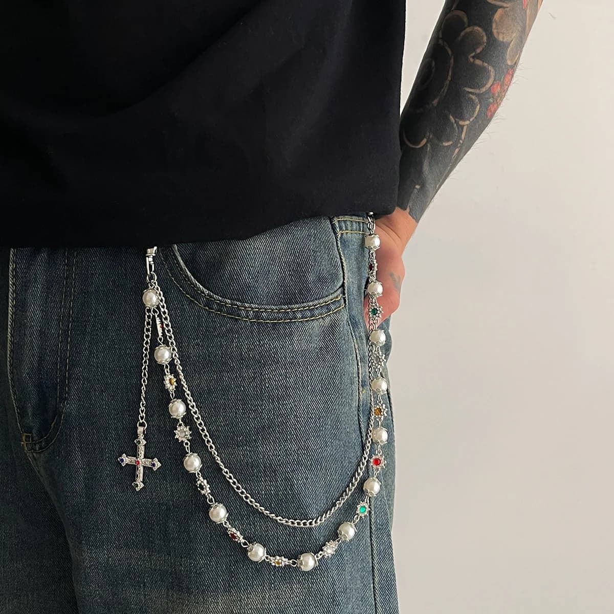 Salircon Squisita Catena Portachiavi di Lusso con Perle Imitazione, Catena per Portafoglio e Cintura, Catena per Pantaloni Punk Hipster da Uomo e Donna, Gioielli HipHop