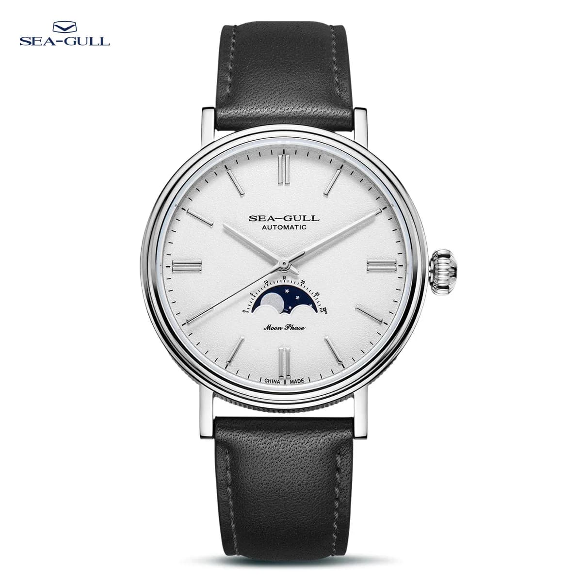 Orologio meccanico automatico Seagull da uomo Orologio da polso classico con fasi lunari Cinturino in pelle Casual 41mm Orologio delle migliori marche 819.12.6136