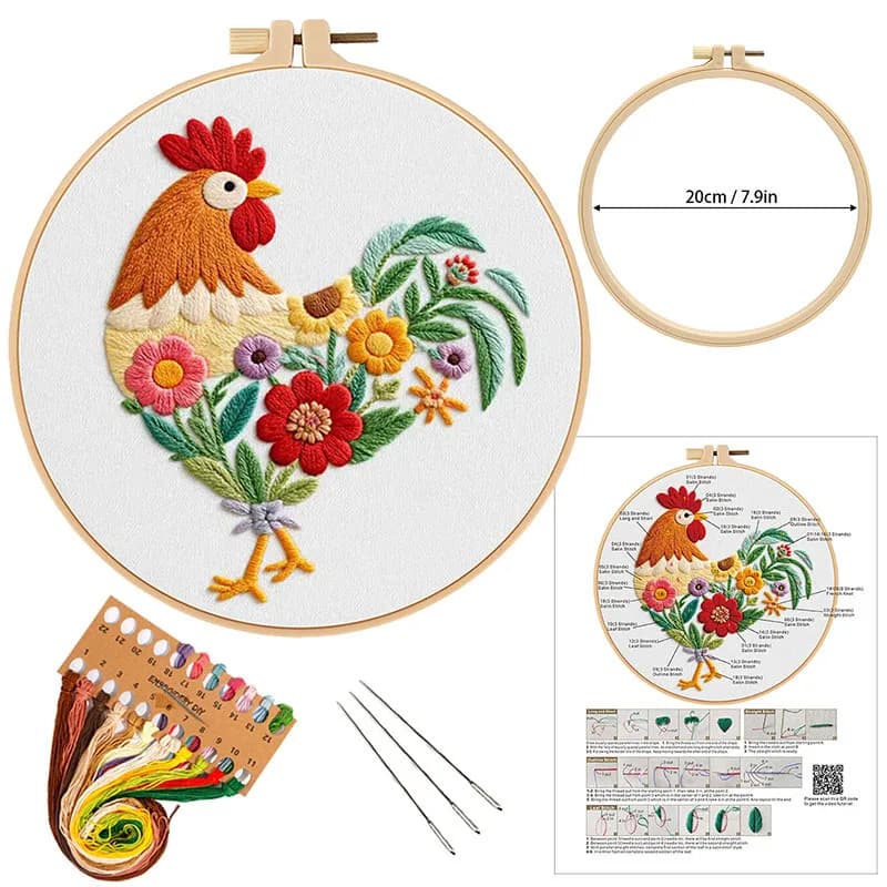 Kit di Ricamo Divertente con Animali per Principianti, Set Punto Croce per Adulti, Kit Fai-da-Te con Motivo di Galline e Fiori
