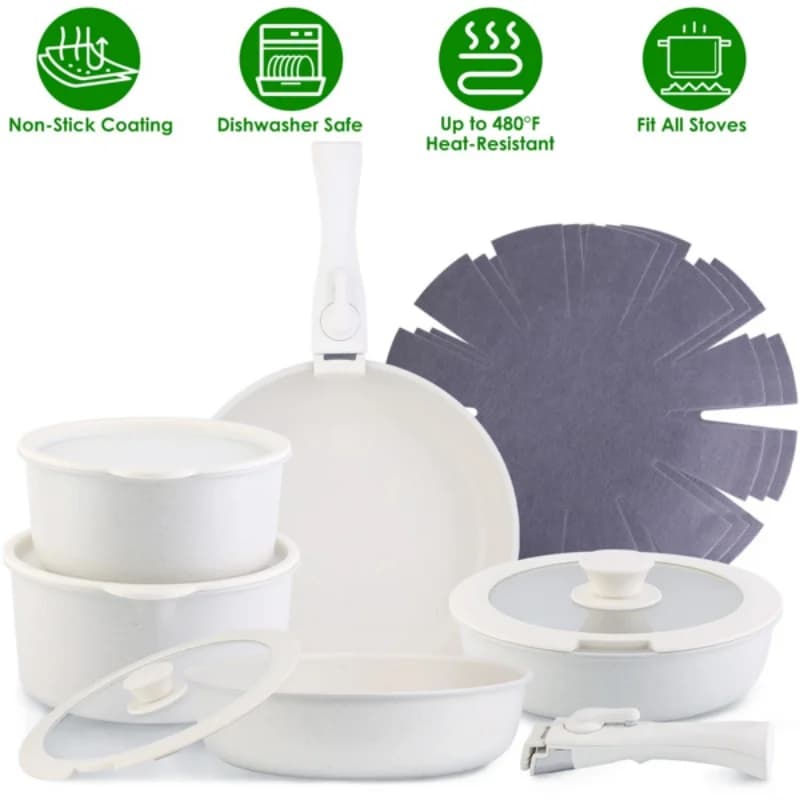 17 pieces set of non-stick cookware pots and induction kitchen pans set with detachable hands fast heating also sauce pan