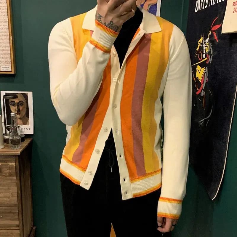 Maglione con risvolto giacca maglione a blocchi di colore a righe arcobaleno semplice ed elegante