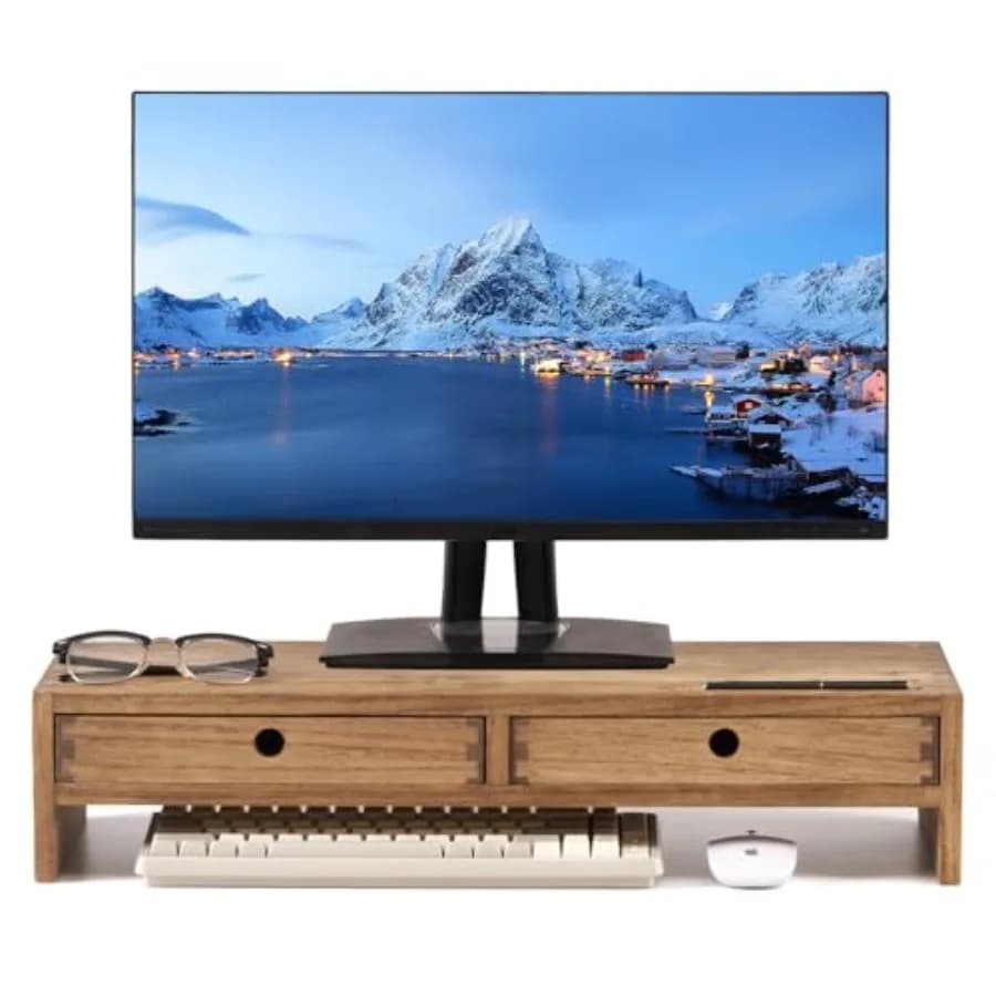 Supporto per Monitor in Legno con 2 Cassetti per Ufficio Domestico, Rialzo per Monitor in Legno Massello, Organizzatore da Scrivania con Gestione Cavi