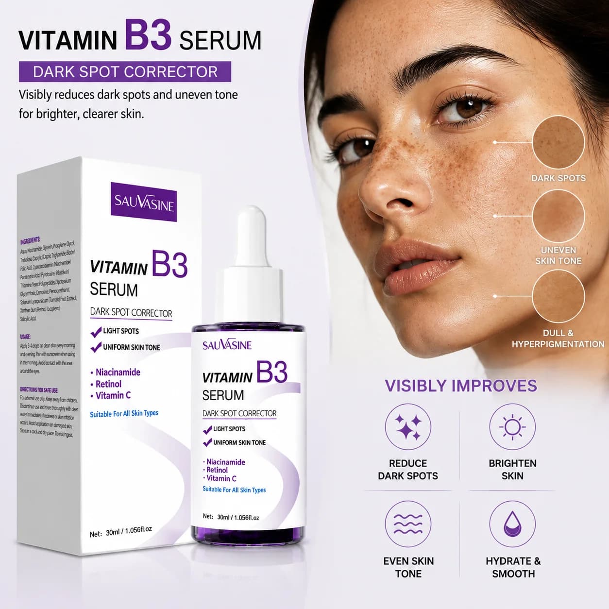 This Vitamin B3 Niacinamide Facial Serum contains a complex formula of niacinamide, retinol, and vitamin C to nourish facial ski