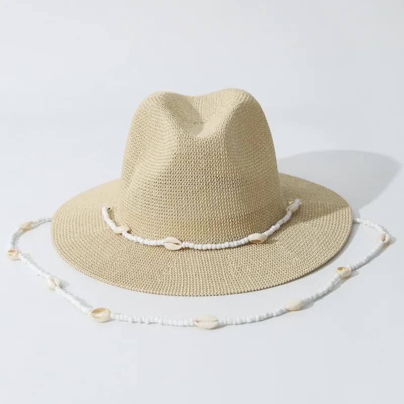 Cappello da Spiaggia Estivo da Donna Stile Europeo e Americano con Collana a Conchiglia, Protezione Solare, Cappello di Paglia per Vacanze all'Aperto, Casual ed Elegante