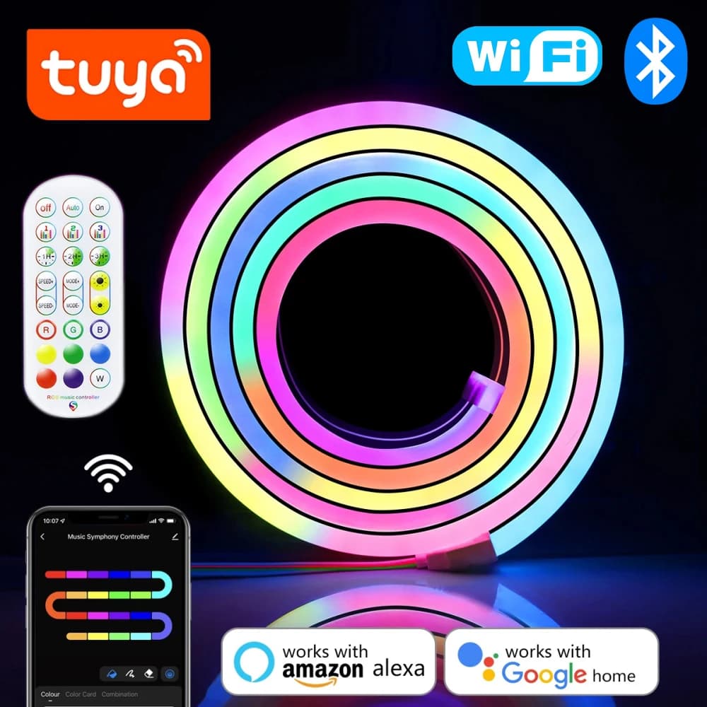Tuya Smart WIFI RGBIC Neon Rope Light Strip, powered via USB 5V, app and remote control IR, for home decoration Christmas Halloween