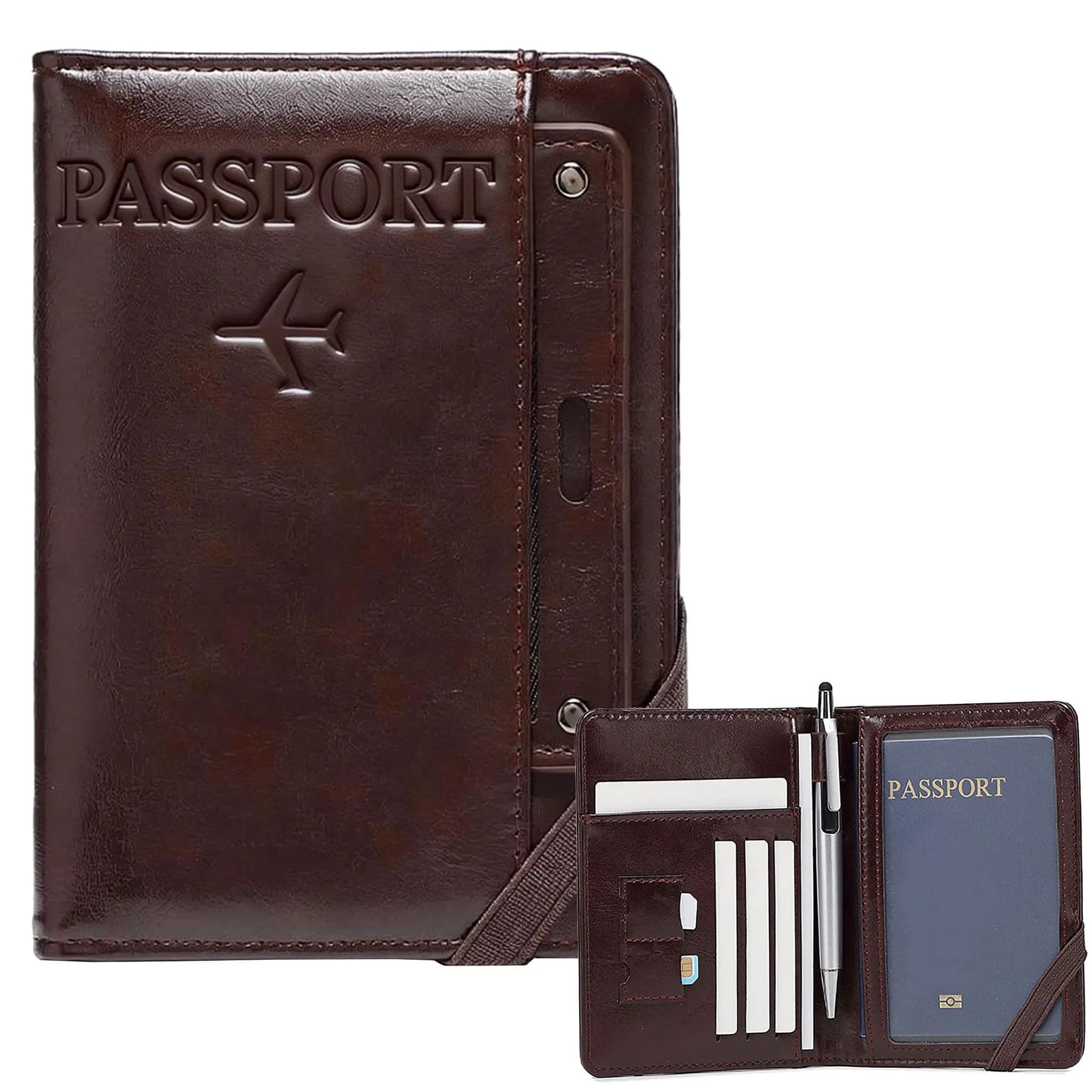 Porta Passaporto in Pelle per Uomo e Donna con Blocco RFID, Portafoglio da Viaggio con Porta Penna e Doppio Slot per SIM