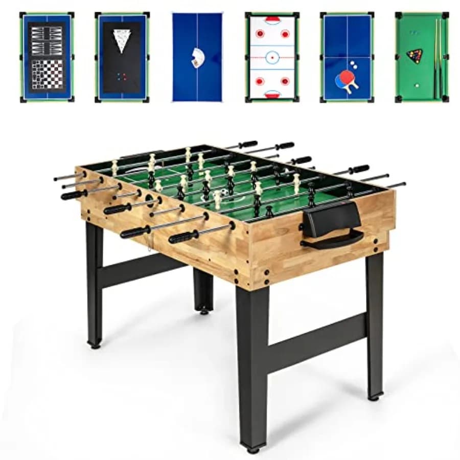 Tavolo da Gioco Multifunzione 10-in-1 con Hockey, Calcio Balilla, Biliardo, Ping-Pong, Scacchi, Carte, Dama, Bowling, Shuffleboard e Backgammon