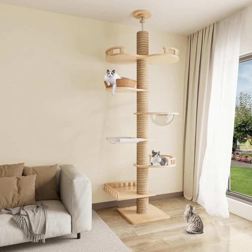 Torre per gatti in legno a 7 livelli ad altezza regolabile con 6 tiranti in sisal, 98-102 pollici dal pavimento al soffitto
