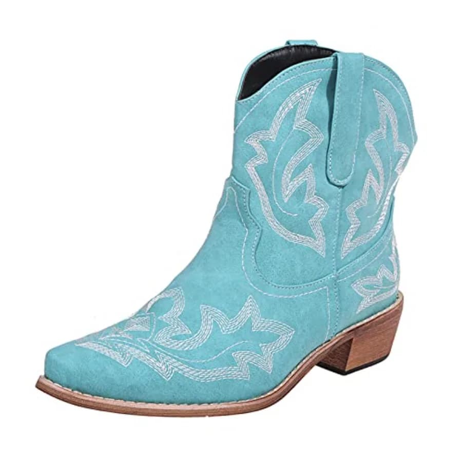 Stivali da Cowboy da Donna, Stivaletti Western con Punta Affusolata, Tacco Basso e Grosso, Ricamati, Classici e Corti