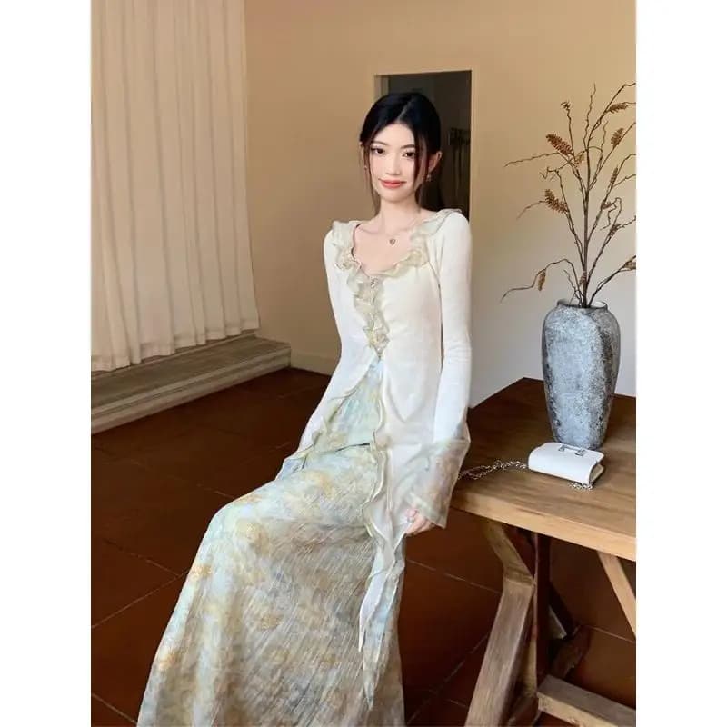 Complete Two Pieces Woman: Shirt Cardigan with Volant and Long Floral Gonna - Outfit Elegant Fated Style for Spring Summer, Casual Daily