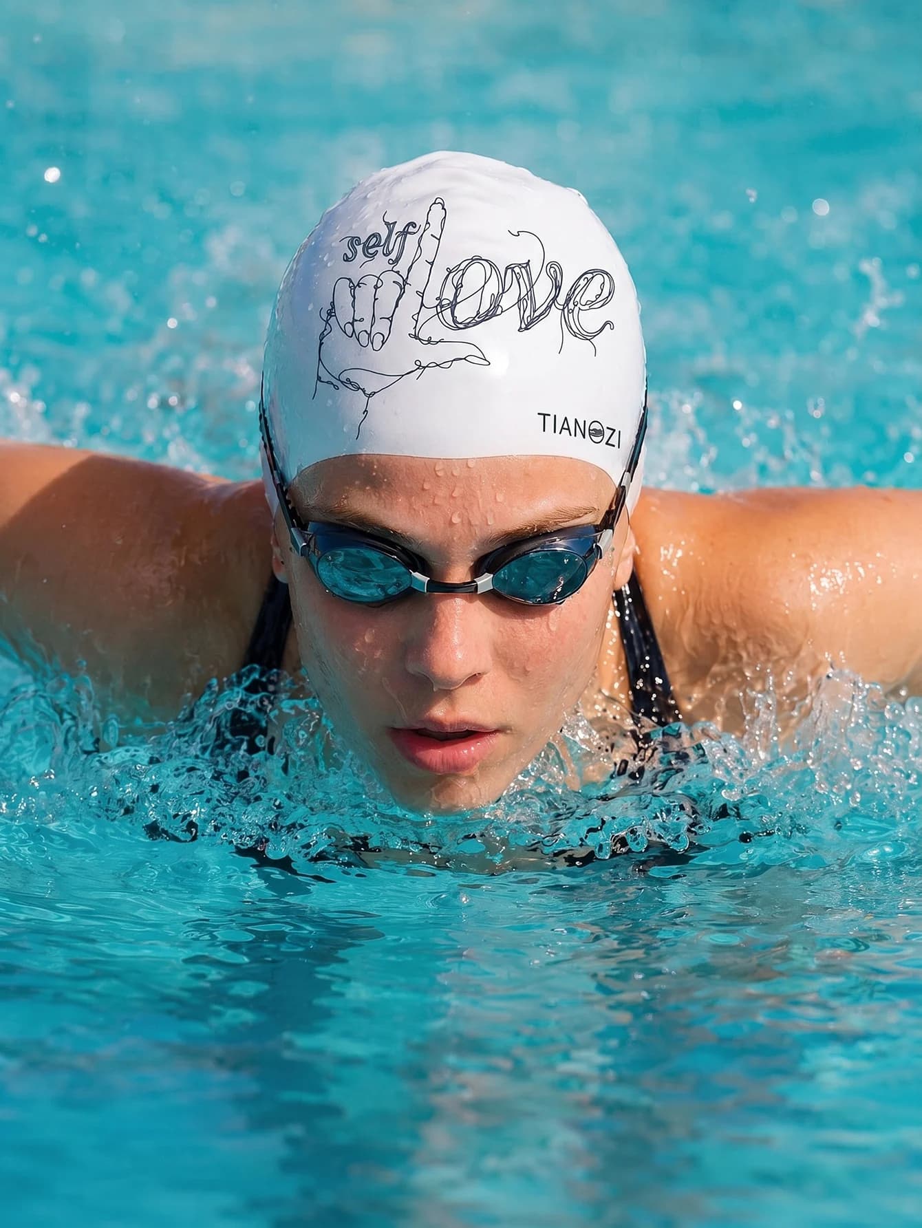 Adult silicone swimming cap, LOVE English print, waterproof, non slip, high elasticity swimming cap
