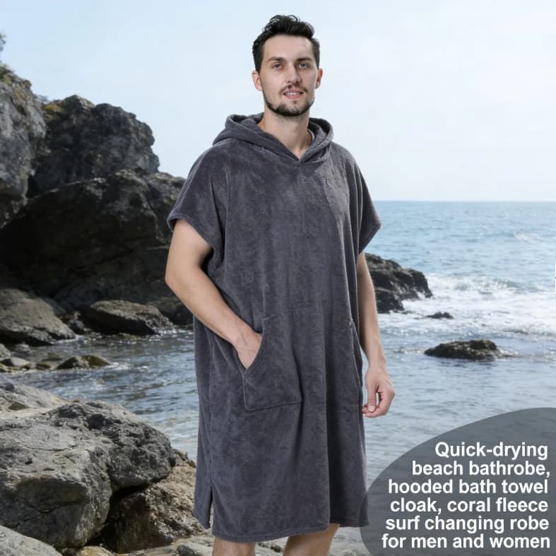 Quick drying beach bathrobe with hood, coral velvet, for surfing and change, for men and women, for swimming and diving.