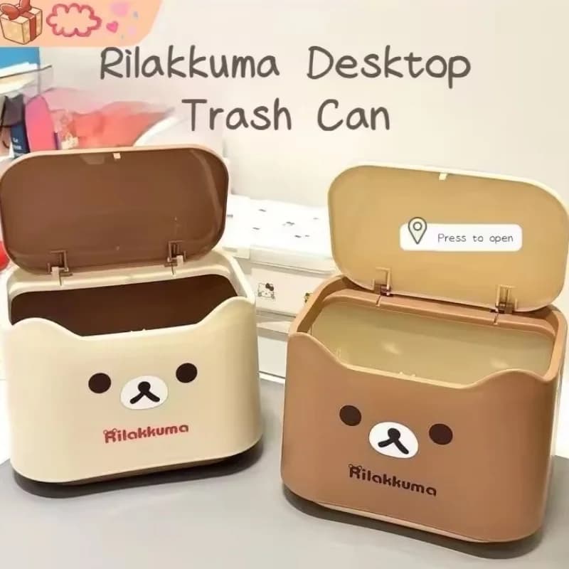 Rilakkuma Cute Cartoon Desktop Trash Can Press To Open Small Waste Bin For Home Bedroom Office Car Desktop Storage Container