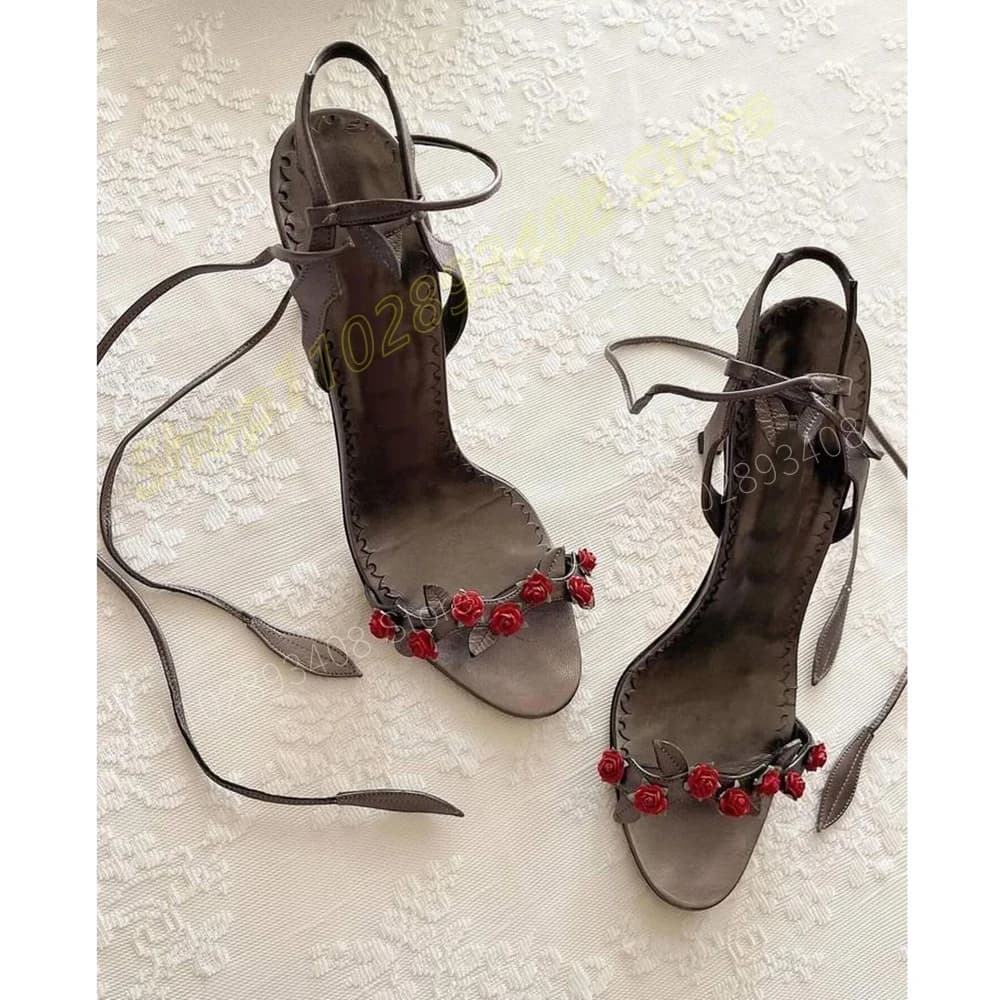 Black Rose Flower Strappy Sandals Lace-up Elegant Design Stiletto High Heel Fashion Women Shoes 2024 Summer Zapatos Para Mujere