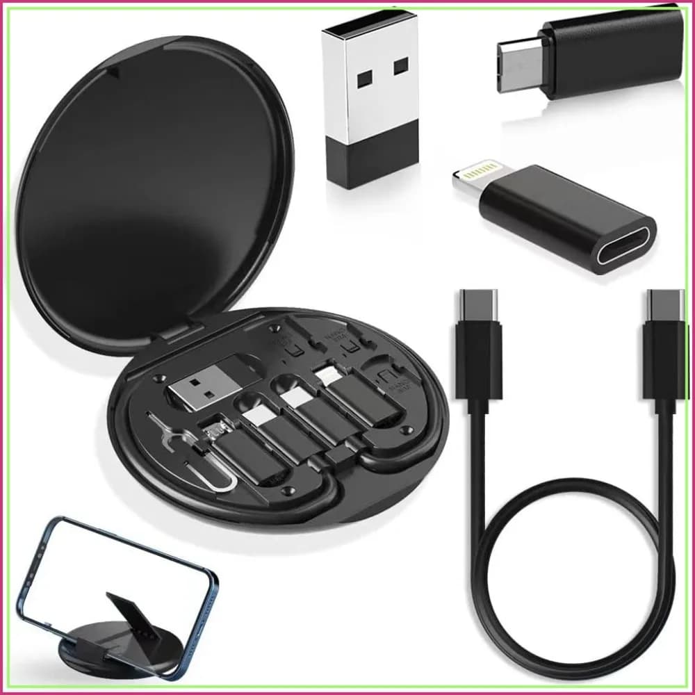 USB Adapter Kit, Travel Charging Organizer Case with USB C, Micro USB and Lightning Adapters, SIM Card Holder, Eject Pin and Phone Stand for Travel, Office and Car