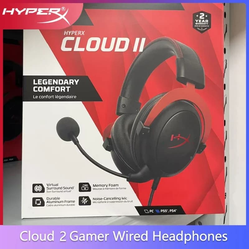Cuffie da gioco HyperX Cloud II con audio surround Hi-Fi 7.1, microfono rimovibile, scheda audio USB per PC, PS Cloud 2, cuffie da gioco cablate.