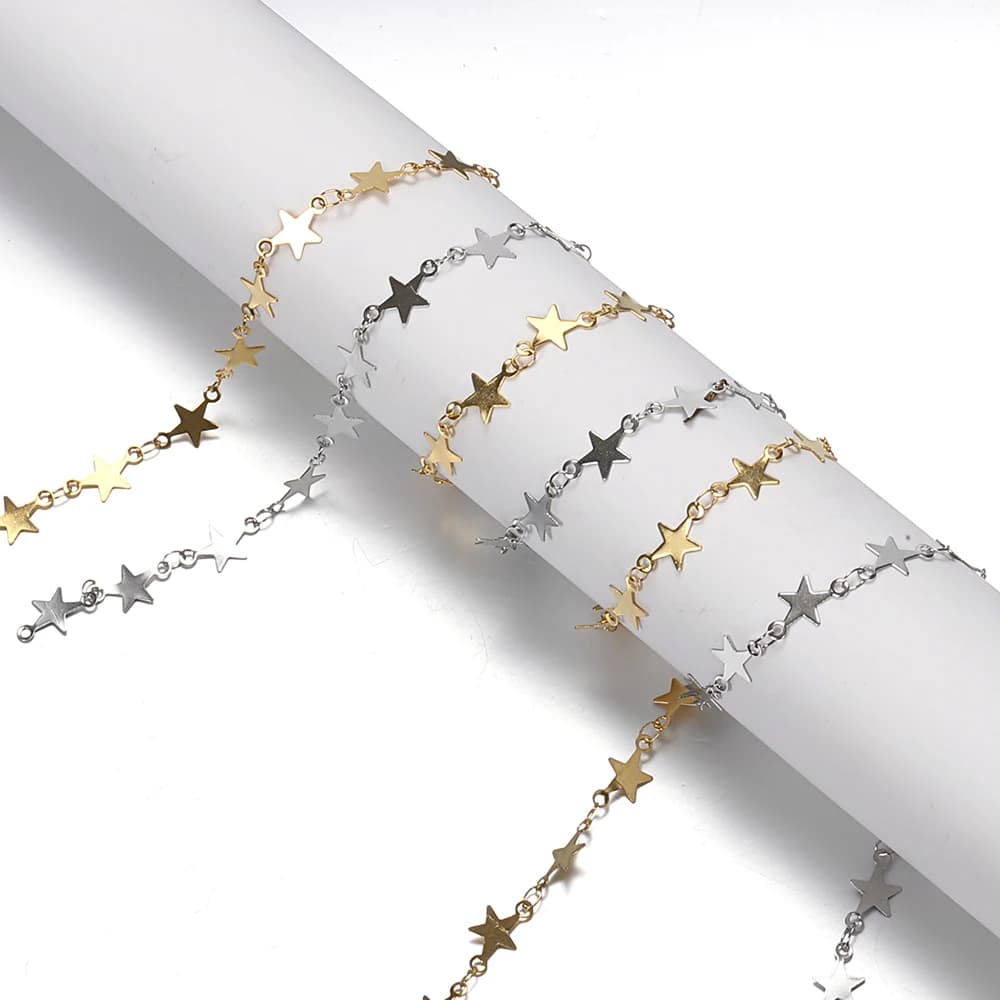 Catena piatta a stella in acciaio inossidabile placcato oro da 1 metro per la creazione di collane, braccialetti e accessori per gioielli, vendita all'ingrosso.