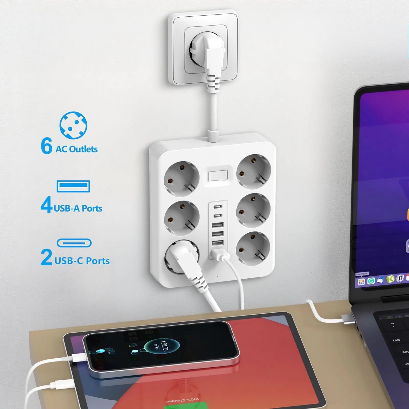 Prolunga per presa a muro con 6 prese CA 4 porte USB 2 caricabatterie con spina europea di tipo C interruttore elettrico per presa multipla domestica