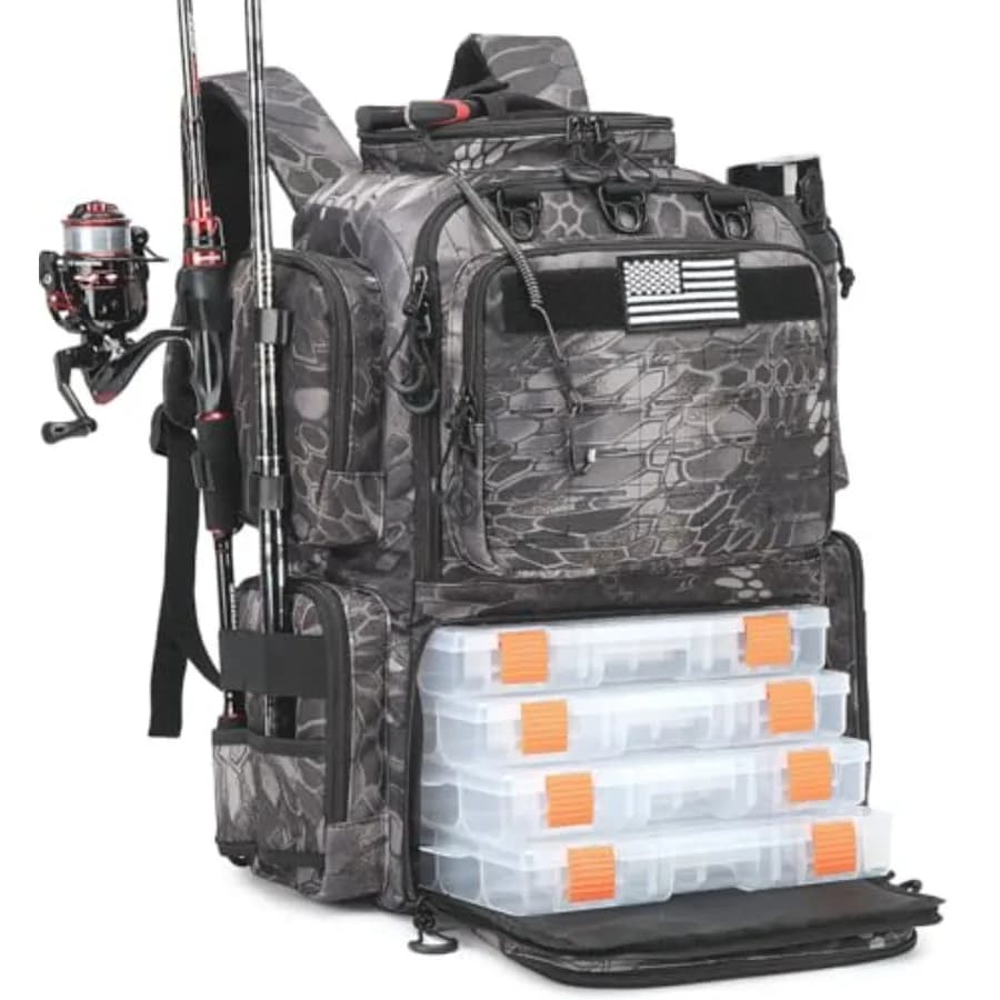 Zaino Tattico da Pesca con Scatole Porta Attrezzi, Portacanne e Portabottiglie, Zaino Grande da 50 L con Scomparto Refrigerante, per la Pesca