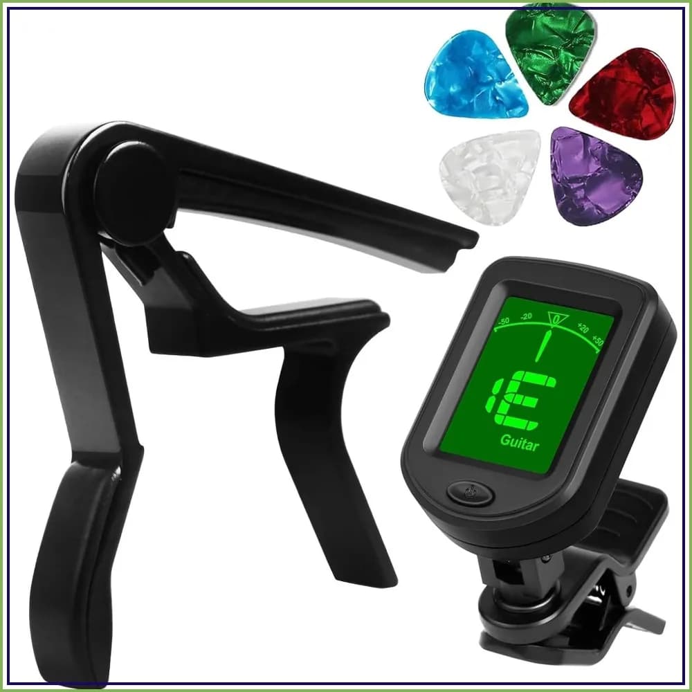 Clip-On Guitar Tuner, Buzzing-Free Capo, Quick Release for Acoustic Guitar, Bass, Ukulele, Violin, 5 Picks