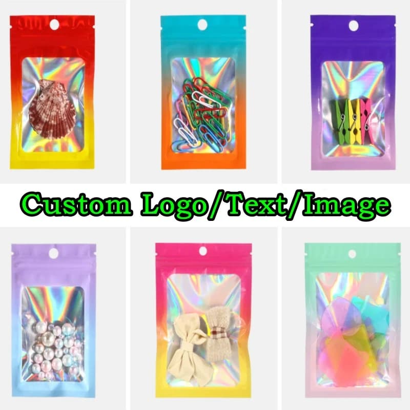 200PCS Flat Hologram Aluminum Foil Ziplock Window Bag DIY Logo Matcha Coffee Beans Jewelry Tea Snack Dataline Packaging Pouches