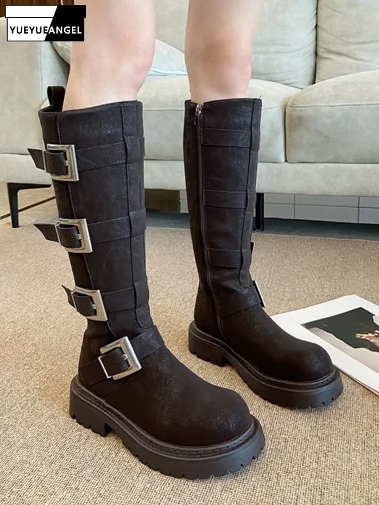Fashion Women Multi Buckle Knee High Boots Thick Platform High Top Motorcycle Riding Boots Punk Style Work Safety Knight Shoes