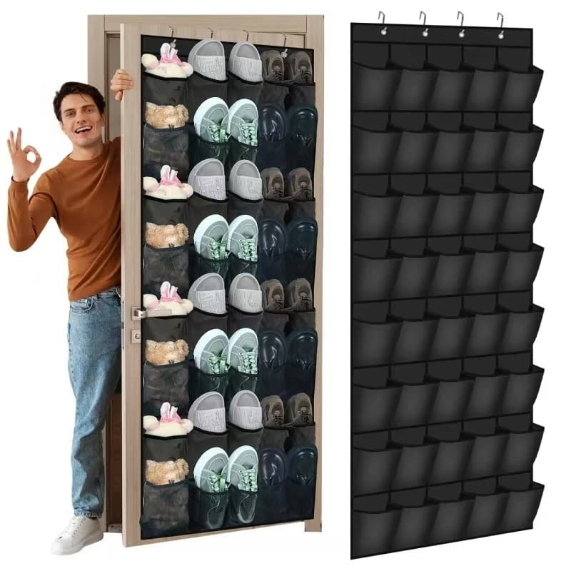 Organizer for wall shoes at 40/24/14 compartments, in fabric, with transparent mesh pockets, hanging over the door, fabric container