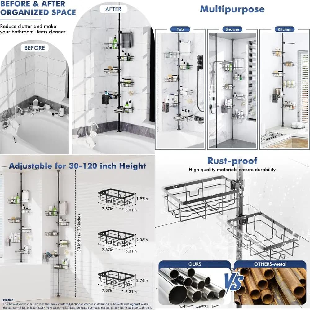 Portaoggetti per doccia a tensione resistente alla ruggine con 6 ripiani angolari, porta asciugamani regolabile 30-120, portasapone per riporre il bagno, B