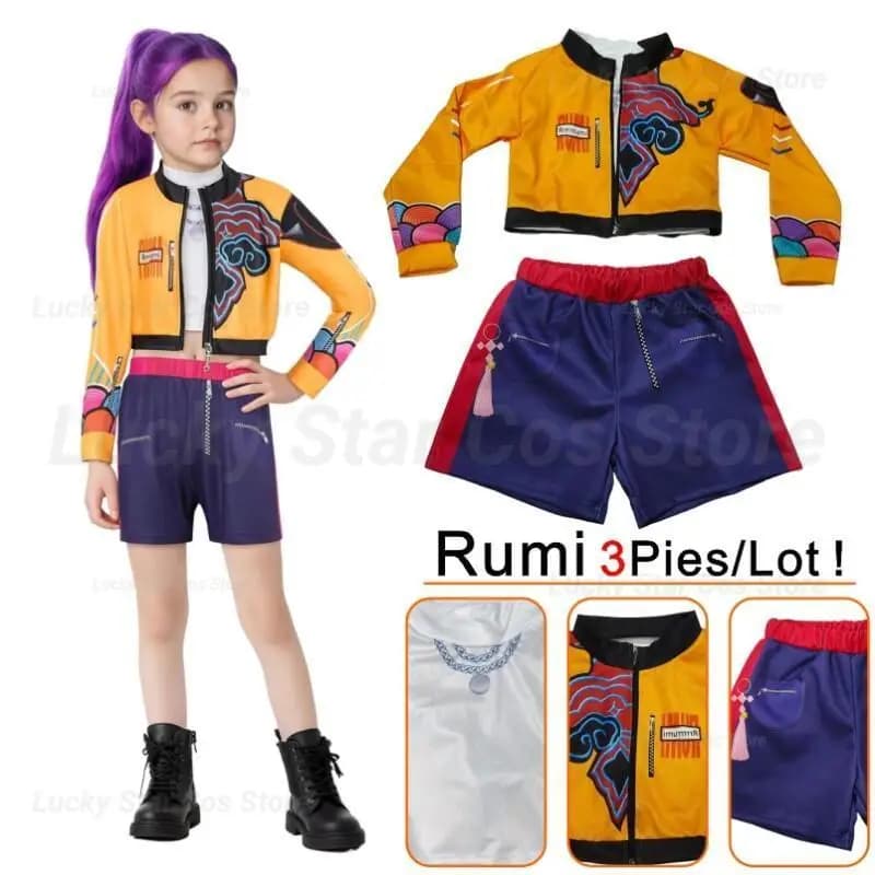 Film kpop demon hunter Rumi Costume Cosplay for girl Halloween Carnival Rumi vest and shorts Set of three pieces Dress Up