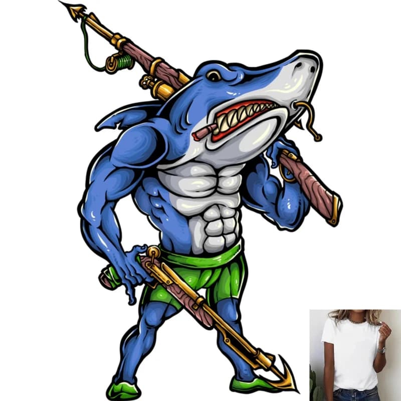 Trendy Street Style Muscular Shark With Guns Cartoon Heat Transfer White Ink Iron - on Patch, Suitable For T - Shirts/Canvas
