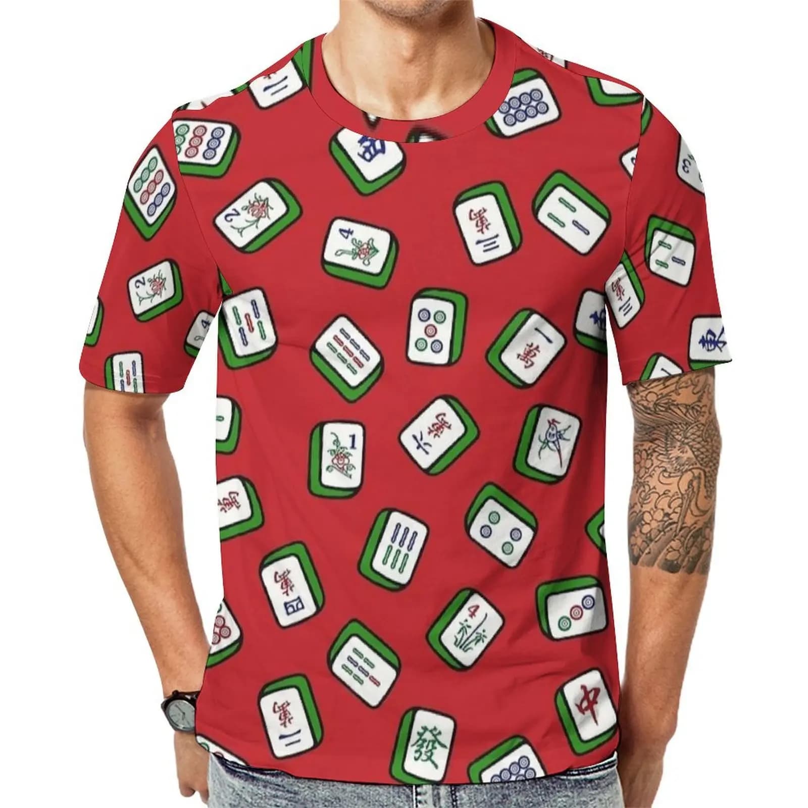 Male Red Base Mahjong Tile Print T-Shirt Fashion T-Shirts Short-Sleeve Design Tops Cheap Summer Casual Plus Size Top Tees
