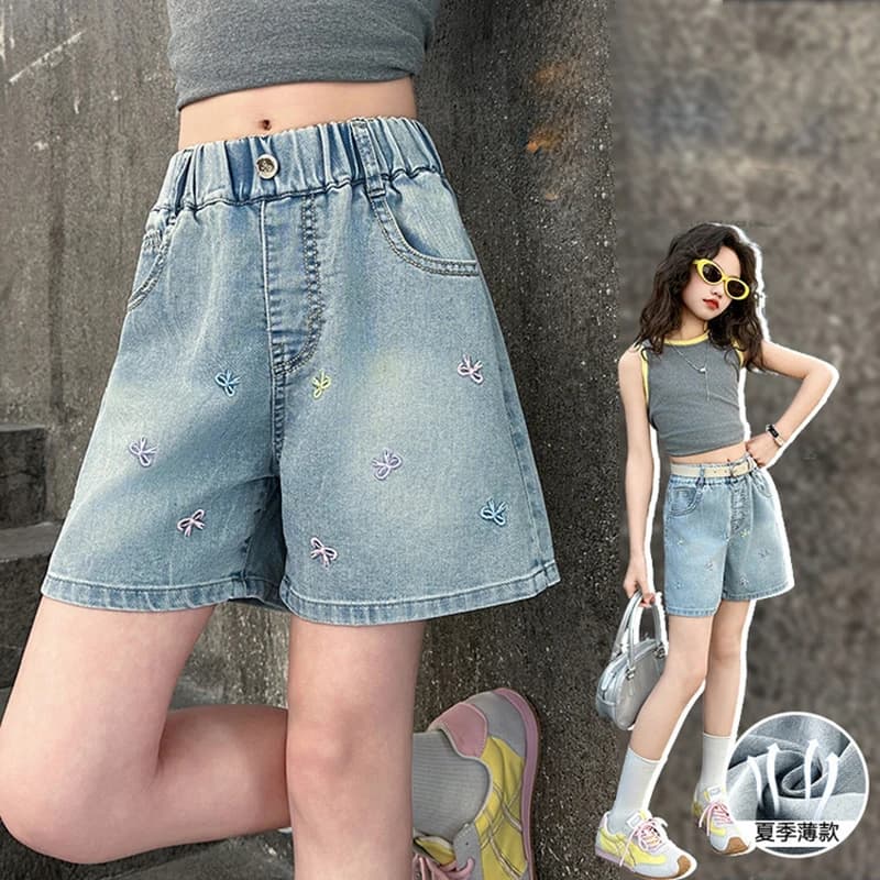 Shorts in denim ricamati con fiocco per ragazze adolescenti, estivi 2026, a vita alta elasticizzata, casual, in jeans, per bambine, dolci, larghi, a gamba larga