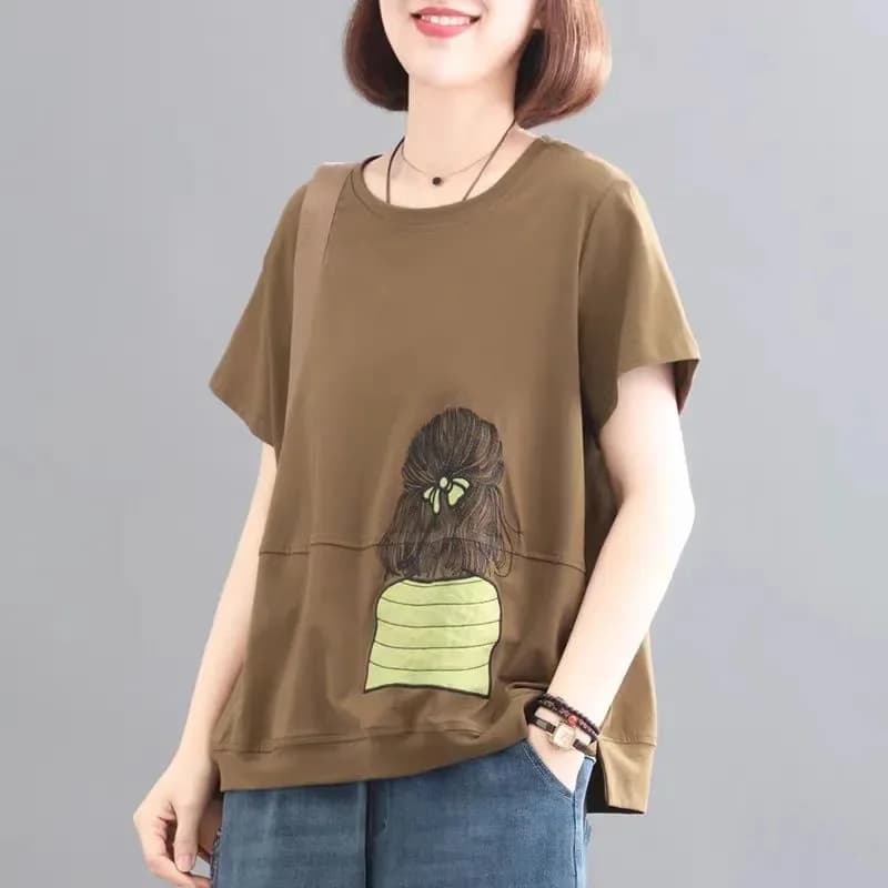 Women's Cotton T-Shirt Short Sleeve Embroidered Casual Loose Top
