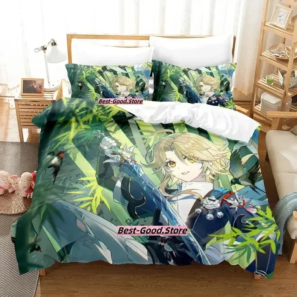 Set di biancheria da letto in tre pezzi Kawaii Honkai Star Rail, copripiumino, lenzuolo, federa stampata, piumino matrimoniale, queen size, king size, per camera da letto