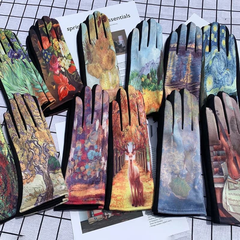 Women Fashion Touch Screen Gloves Retro Oil Painting Floral Evening Dress Party Winter Thickened Warm Fleece Driving Mittens