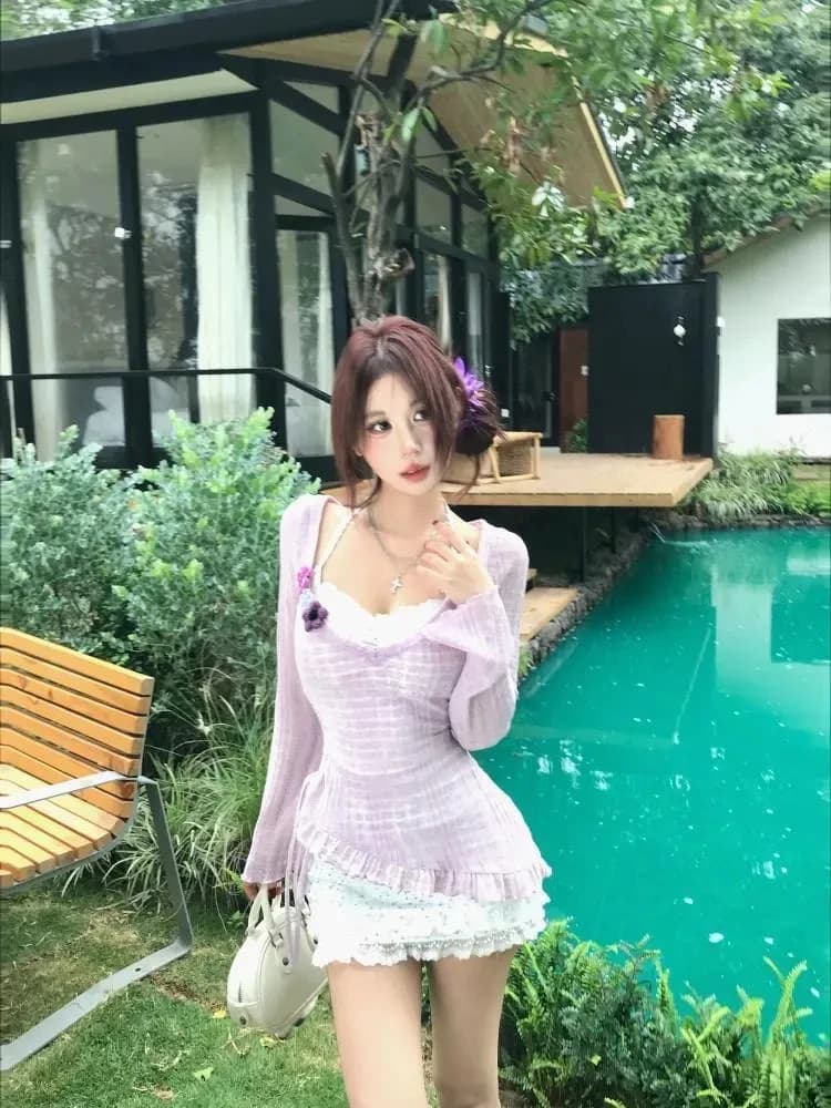 Elegant Tea Rose Embroidery 3D Stitched Waist-Cinching Summer Sunscreen Cover-Up Dress Two-Piece Set Women's Fashion