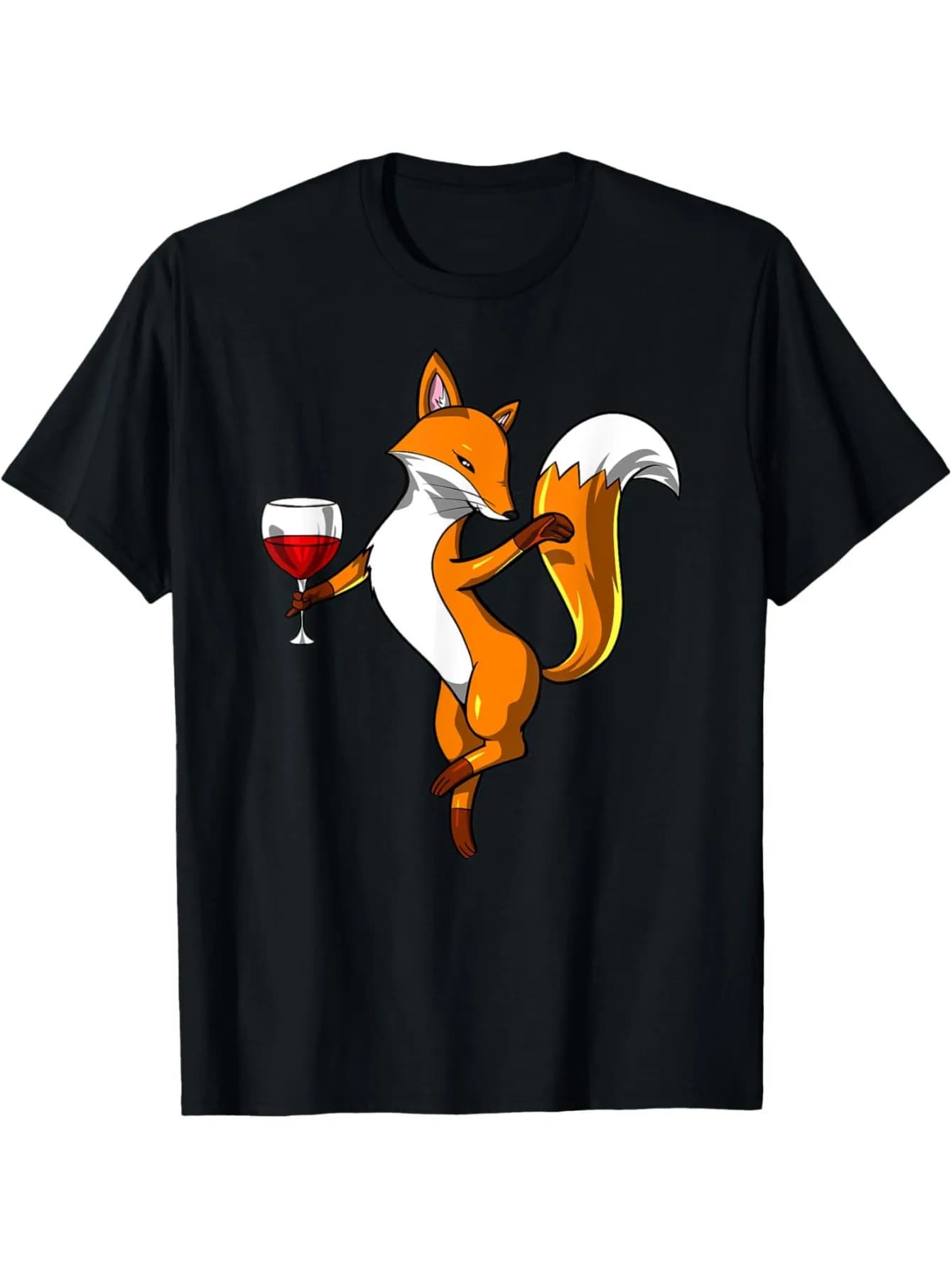 Divertente maglietta con grafica di una volpe che tiene un bicchiere di vino e balla, t-shirt traspirante a maniche corte per tutti i giorni